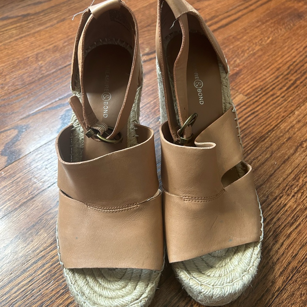Tan Leather Espadrille Wedge Sandals with Ankle Strap